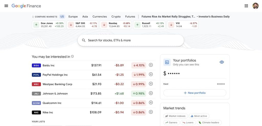 google finance dashboard