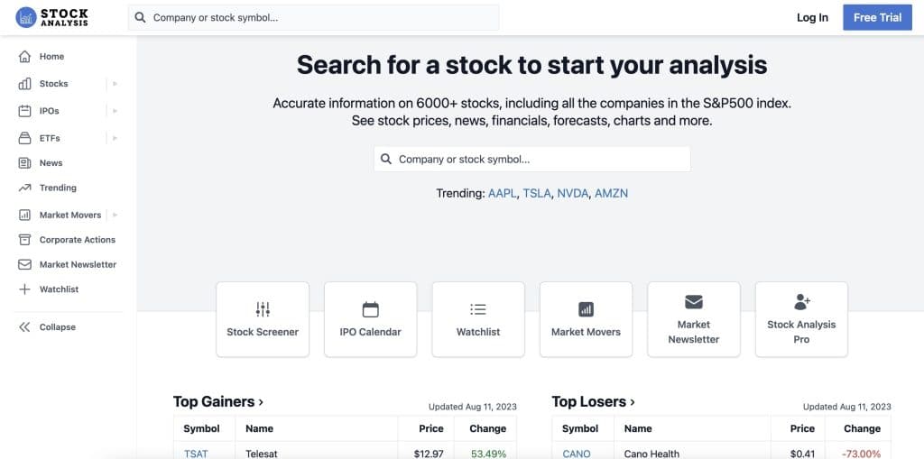 stock analysis homepage