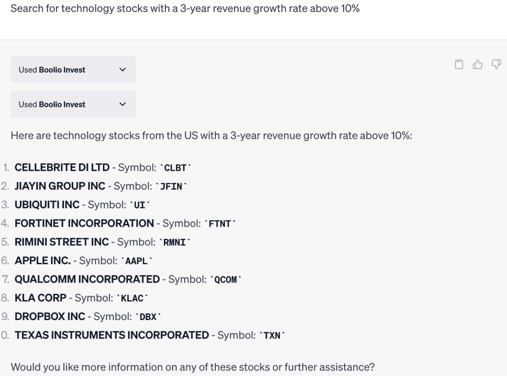 ChatGPT output for: Search for technology stocks with a 3-year revenue growth rate above 10%.