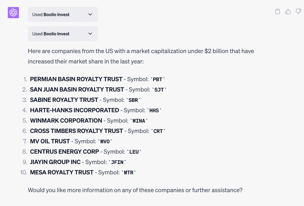 ChatGPT output for: Find companies with a market capitalization under $2 billion that have increased their mar