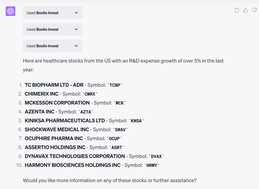 ChatGPT output for: List healthcare stocks with an R&D expense growth of over 5% in the last year.