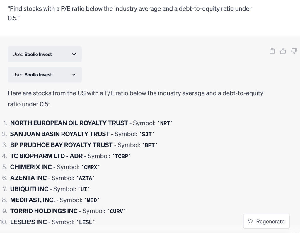 ChatGPT output for: Find stocks with a P/E ratio below the industry average and a debt-to-equity ratio under 0