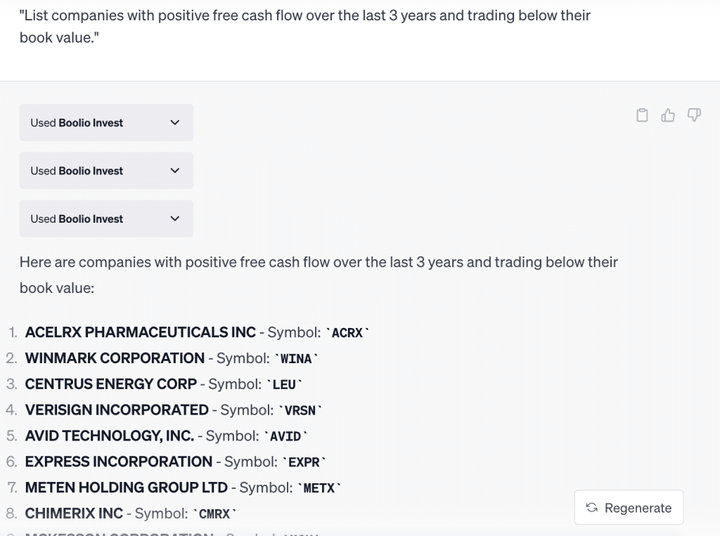 ChatGPT output for: List companies with positive free cash flow over the last 3 years and trading below their