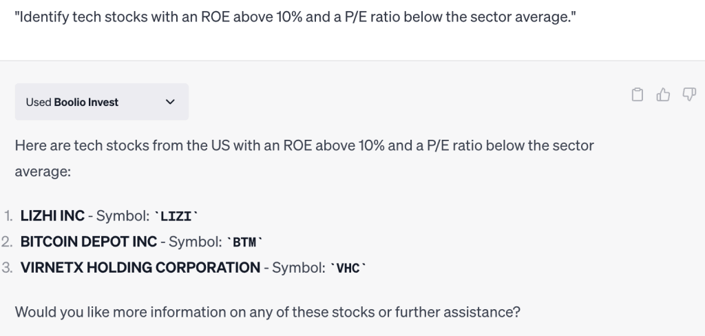 ChatGPT output for: Identify tech stocks with an ROE above 10% and a P/E ratio below the sector average.