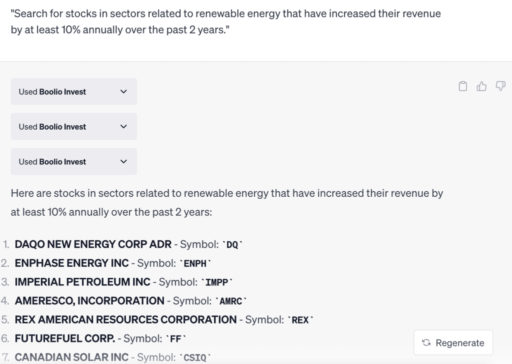 ChatGPT output for: Search for stocks in sectors related to renewable energy that have increased their revenue