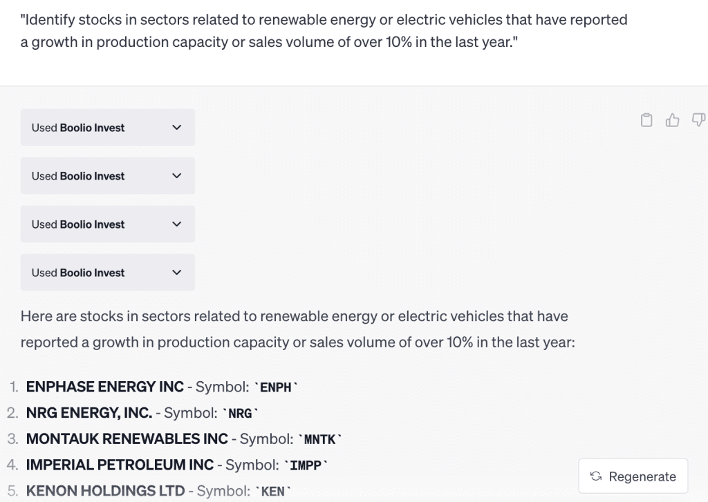 ChatGPT output for: Identify stocks in sectors related to renewable energy or electric vehicles that have repo