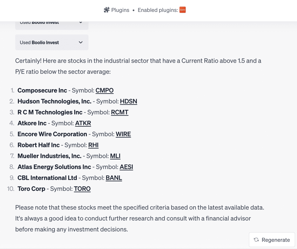ChatGPT output for: List stocks in the industrial sector with a Current Ratio above 1.5 and a P/E ratio below