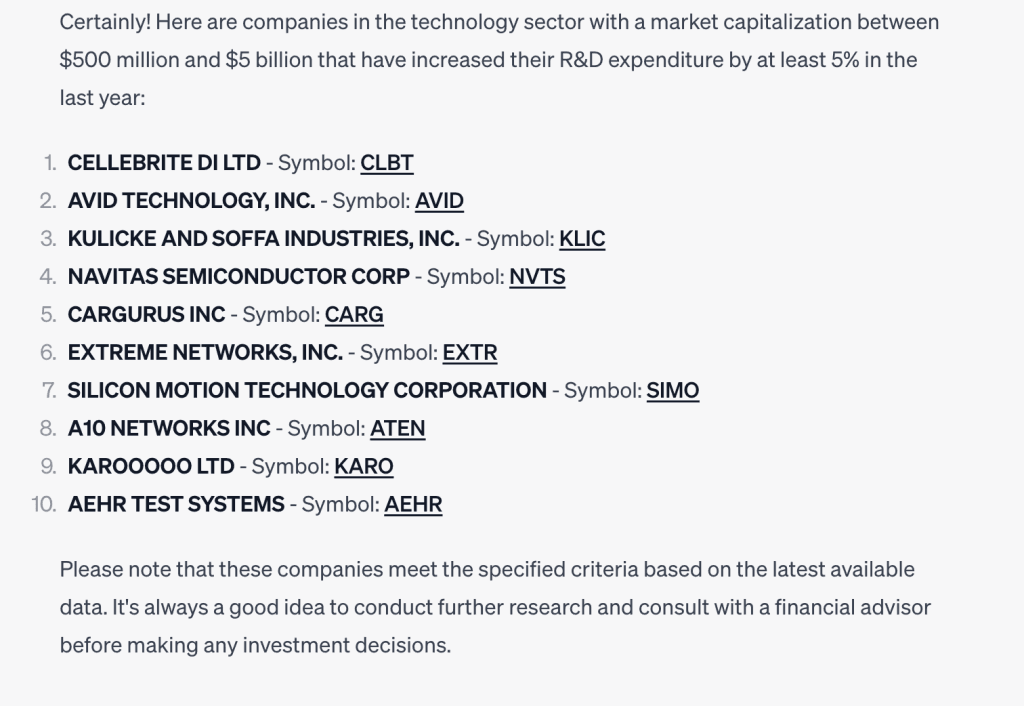 ChatGPT output for: Identify companies in the technology sector with a market capitalization between $500 mill