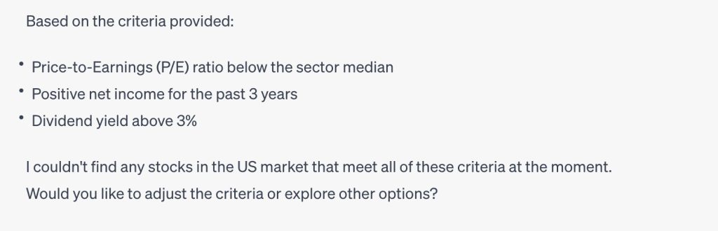 ChatGPT output for: Search for stocks with a Price-to-Earnings (P/E) ratio below the sector median, a positive