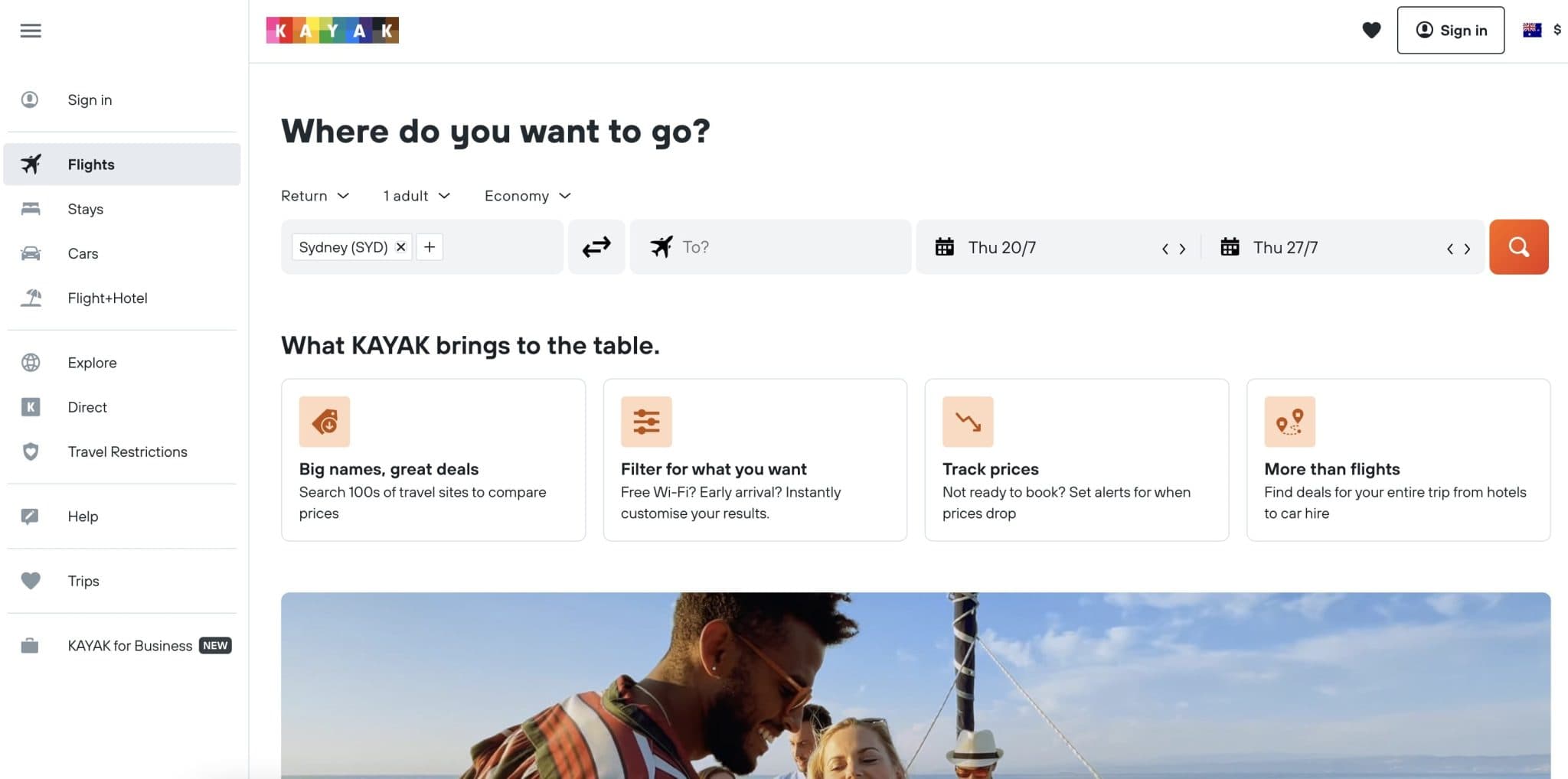 kayak homepage
