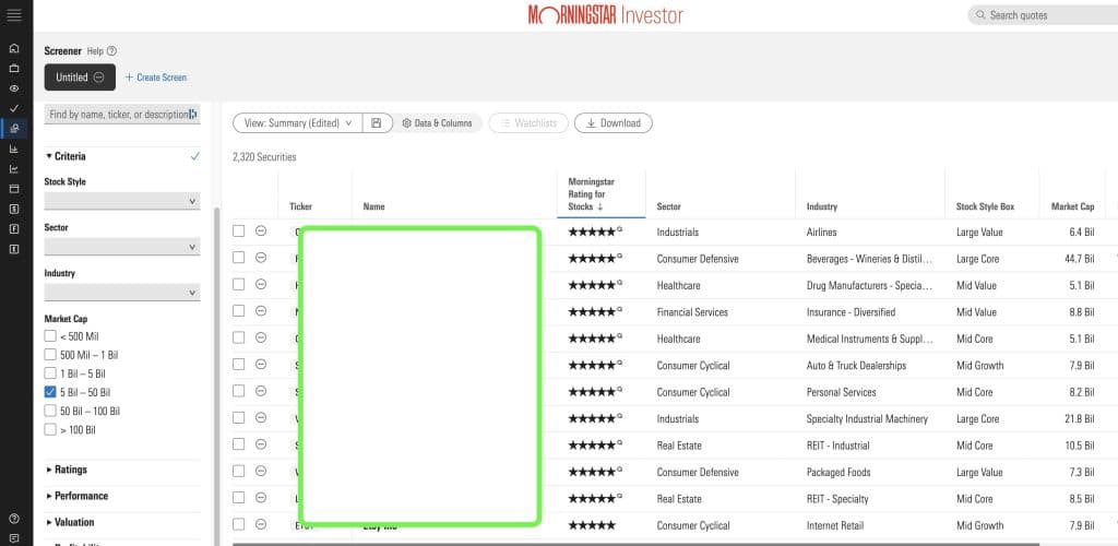 morningstar investor stock screener