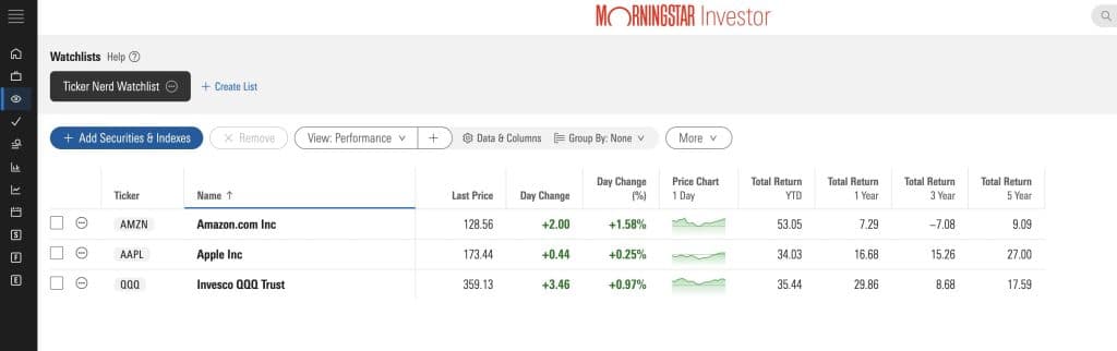 morningstar investor custom watchlist