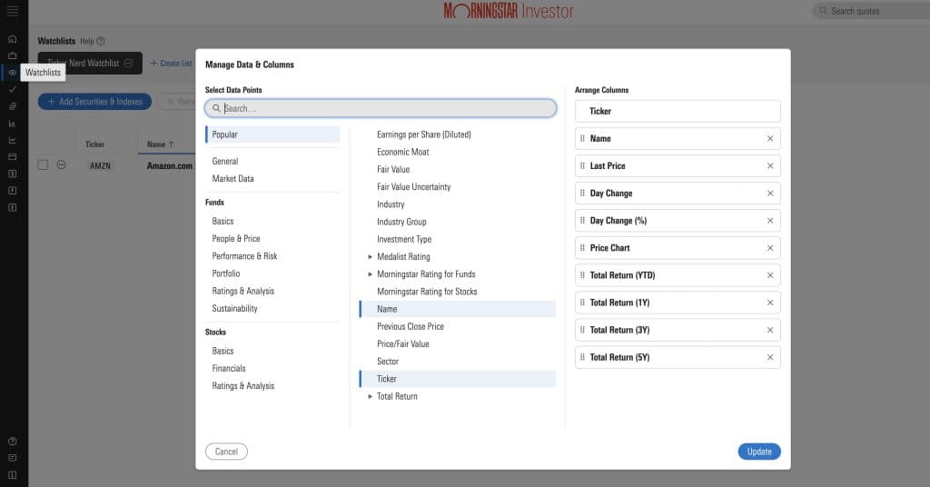 customizing the watchlist