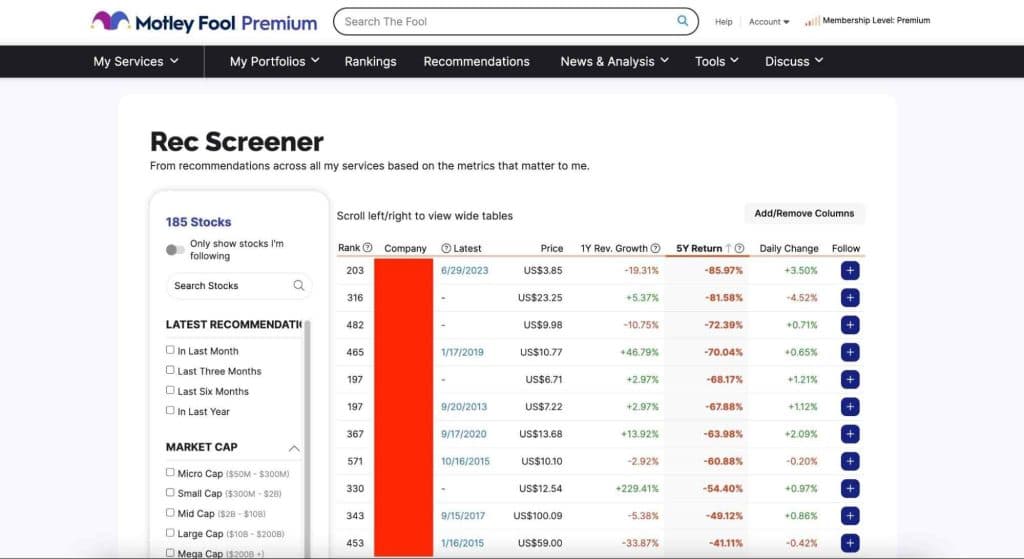 motley fool premium's recommedations screener
