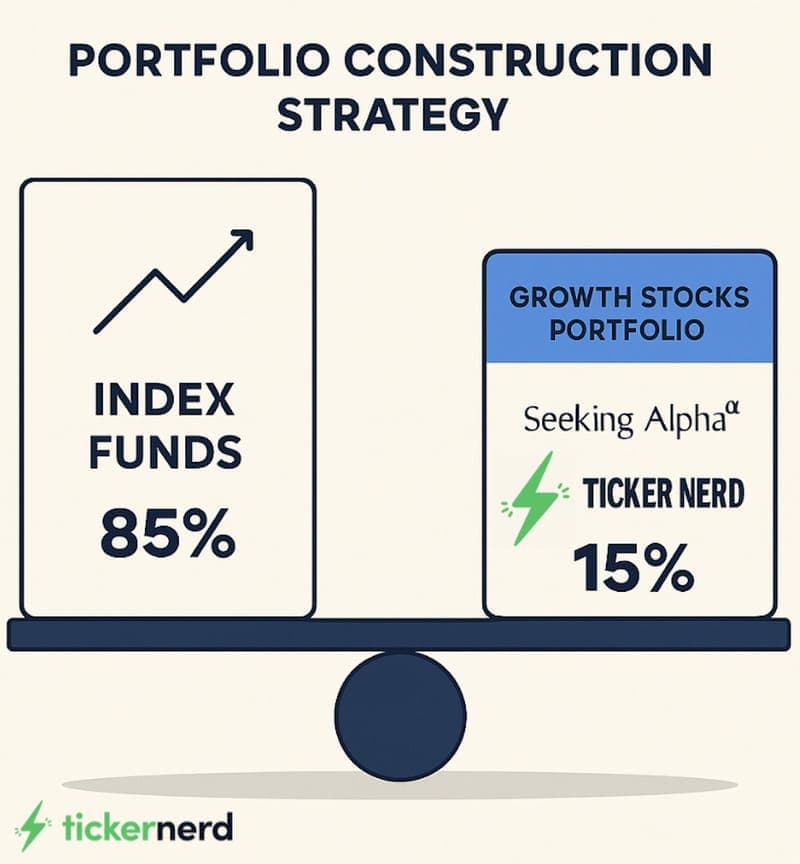 Ticker Nerd's portfolio construction strategy - showing balance between index funds and growth stock allocations
