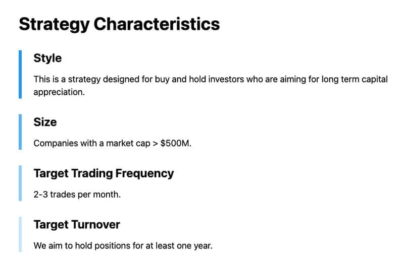 Alpha Picks Strategy Characteristics - style, size, trading frequency, turnover