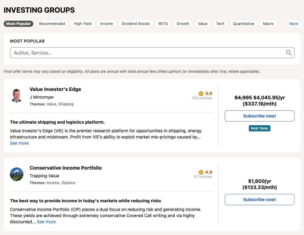 seeking alpha premium investing groups